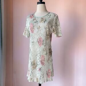 Vintage 90s Lace Mini Dress | Sheer Babydoll Pink Rose Print | Y2K Fairy| Size L